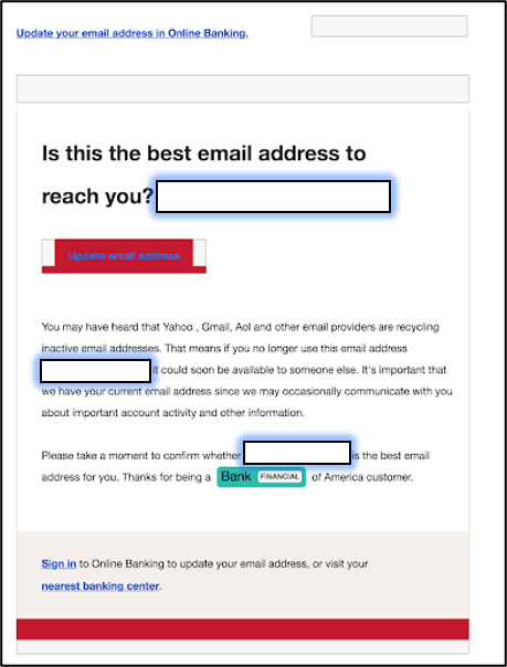Phishing email where attackers impersonate BOA and direct recipients to update their email account details (Source: Armorblox)