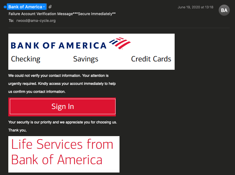 Bank of America phishing email detected by Zix | AppRiver.