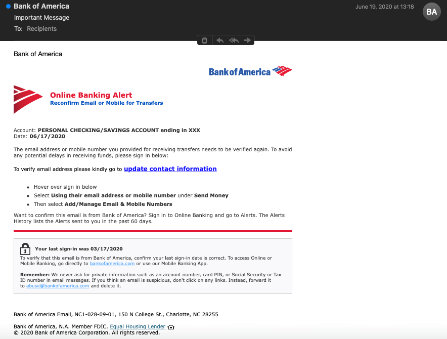 The third BOA phishing email spotted by Zix | AppRiver.