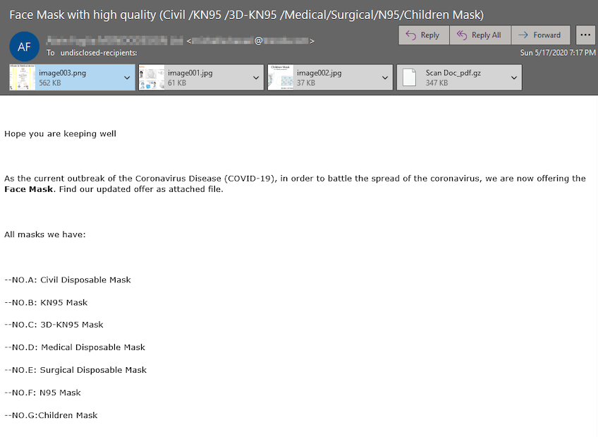 An image of a scam email offering face masks for sale. (Source: Zix | AppRiver)