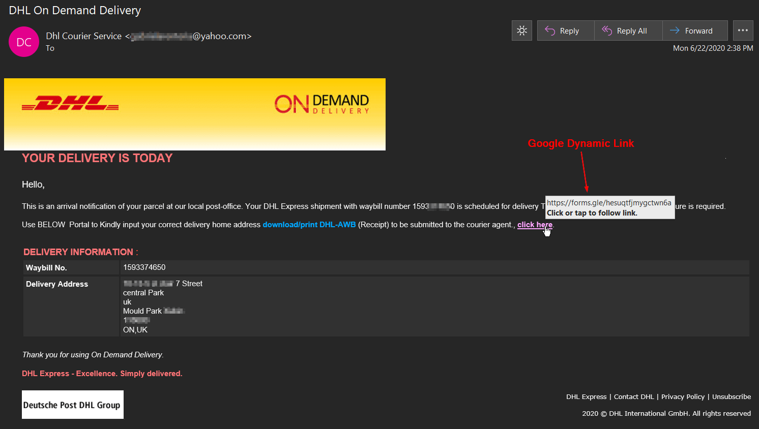 DHL Spoofing Email Abusing Google Dynamic Link to Forms